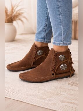 Brown | Suede Leather | Concho Ankle Moccasin Boots | Boho Western Style Fringe